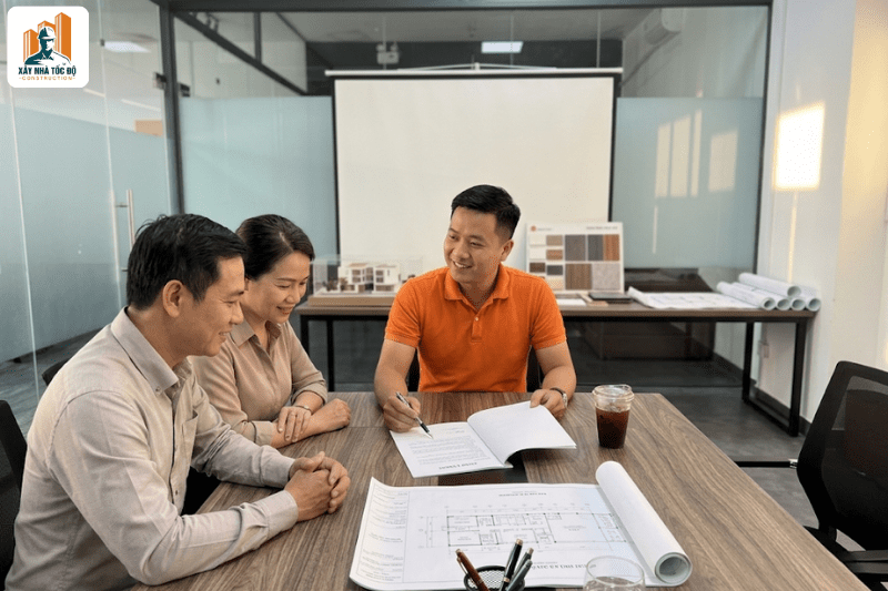 Một nhà thầu xây chdv uy tín đang giải thích các điều khoản hợp đồng cho chủ đầu tư.
