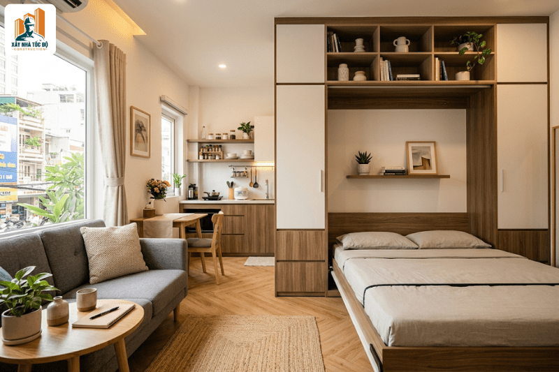 Nội thất thông minh giúp tối ưu diện tích khi xây căn hộ dịch vụ cao cấp.