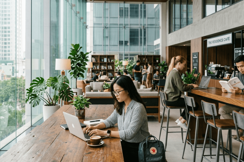 Khu vực co-working trong một dự án xây căn hộ dịch vụ cao cấp.