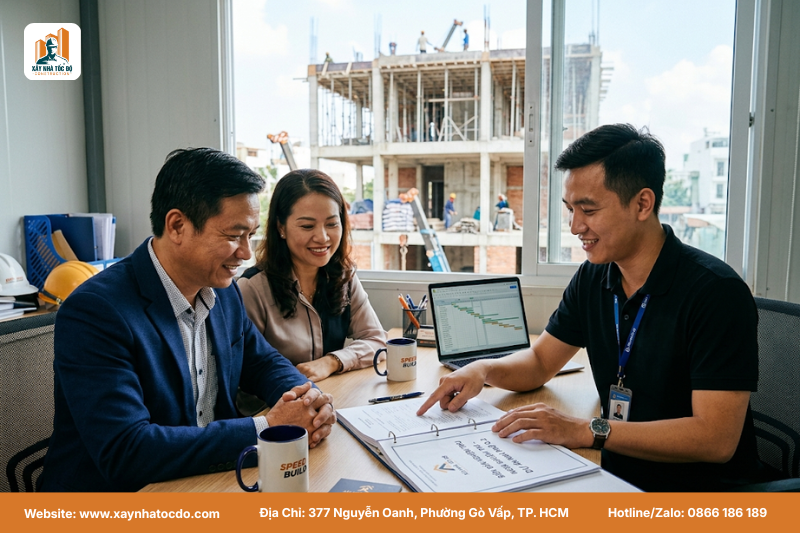 Chủ đầu tư rà soát hồ sơ cùng nhà thầu trong lễ cất nóc CHDV.