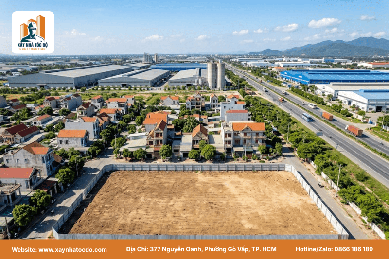Hình ảnh một khu đất tiềm năng để đầu tư căn hộ dịch vụ, gần khu công nghiệp và trục đường lớn.