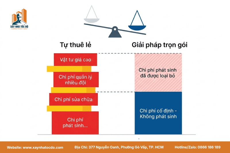 Biểu đồ tối ưu chi phí của giải pháp thiết kế - thi công - hoàn thiện trọn gói so với tự thuê lẻ.