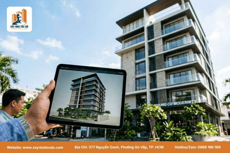 Phối cảnh 3D cho giải pháp thiết kế - thi công - hoàn thiện trọn gói tòa nhà CHDV từ Xây Nhà Tốc Độ.
