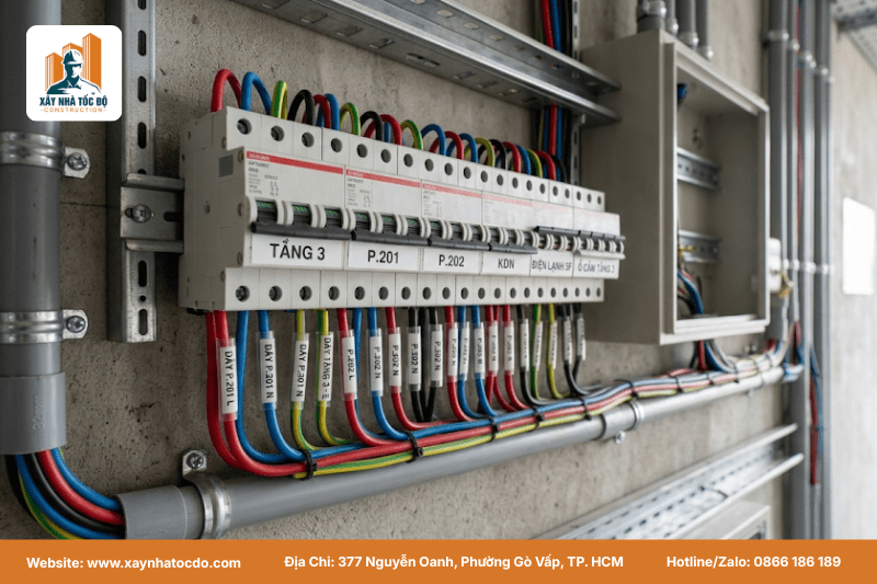 Sơ đồ hệ thống M&E trong thi công CHDV chuyên nghiệp, cho thấy đường điện và nước được phân tải cho từng phòng riêng biệt.
