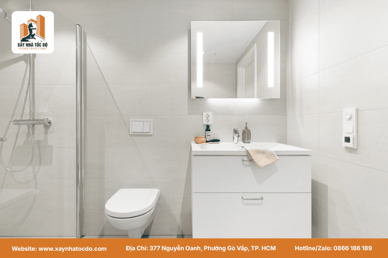 Hình ảnh cận cảnh sàn nhựa giả gỗ SPC và thiết bị vệ sinh chuyên dụng được dùng trong thi công CHDV.