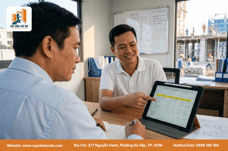 Kỹ sư Xây Nhà Tốc Độ trình bày bảng dự toán chi tiết, minh chứng cho một đội thi công uy tín.