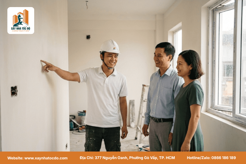 Chủ đầu tư tham quan công trình thực tế cùng đội thi công uy tín của Xây Nhà Tốc Độ.