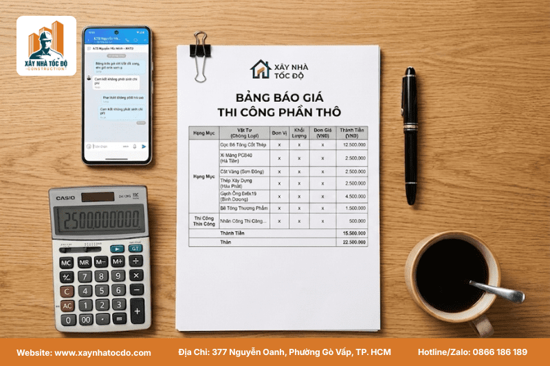 Bảng báo giá thi công phần thô chi tiết, không phát sinh chi phí.