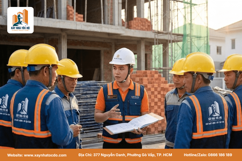 Một ngày trên công trình bắt đầu bằng buổi họp an toàn của Xây Nhà Tốc Độ.