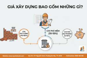 Sơ đồ phân tích câu hỏi giá xây dựng bao gồm những gì với 3 nhóm chi phí chính: cứng, mềm và dự phòng.