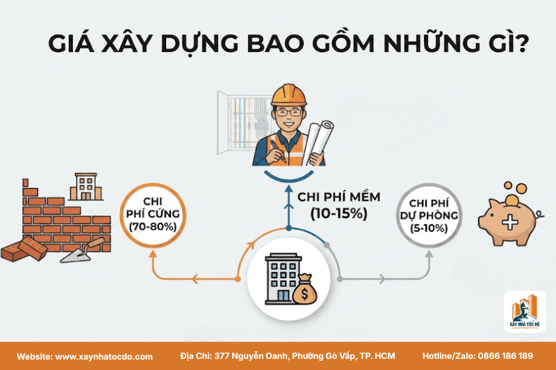 Sơ đồ phân tích câu hỏi giá xây dựng bao gồm những gì với 3 nhóm chi phí chính: cứng, mềm và dự phòng.