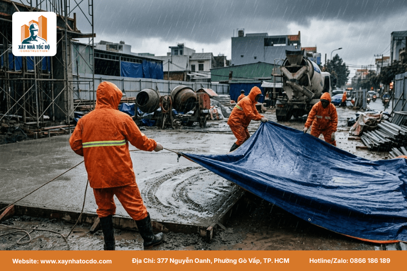 Đội ngũ Xây Nhà Tốc Độ sẵn sàng phương án xử lý khi đổ bê tông mùa mưa gặp trời mưa bất chợt.