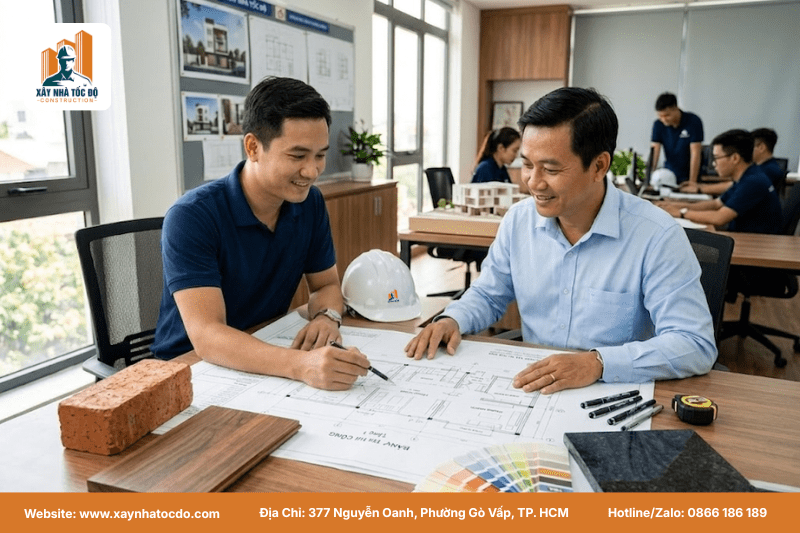 Kỹ sư và chủ đầu tư chốt bản vẽ và mẫu vật tư là bước chuẩn bị trước ngày khởi công không thể thiếu.