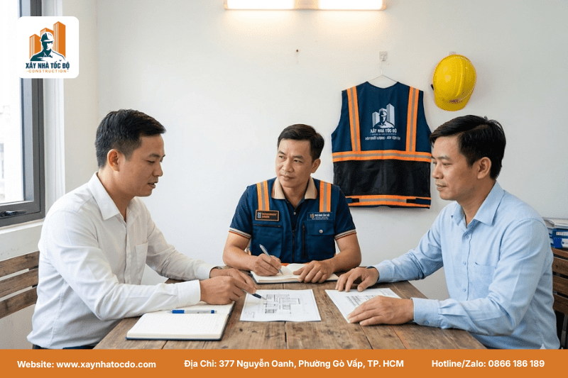 Cuộc họp 3 bên giữa chủ đầu tư, nhà thầu và giám sát để thống nhất quy trình làm việc.
