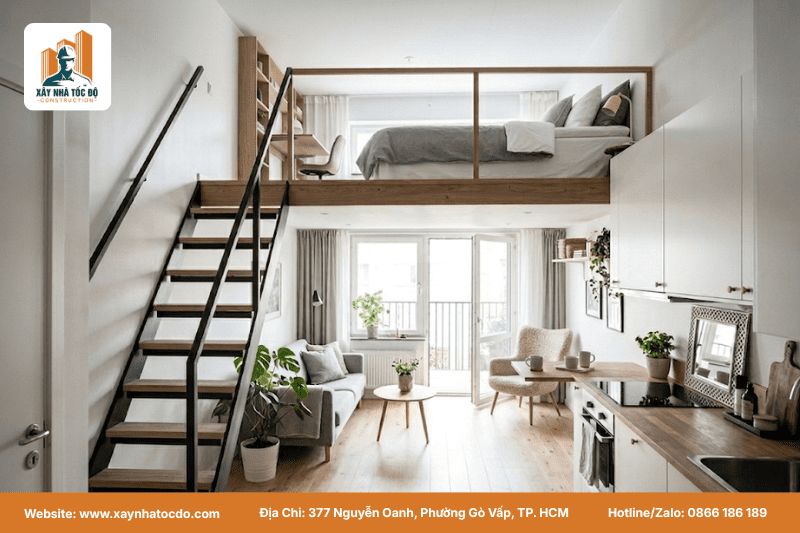 Thiết kế gác lửng thông minh giúp tối ưu không gian khi xây căn hộ dịch vụ 5x20.