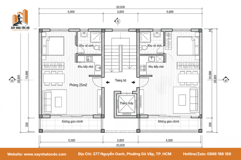 Sơ đồ thiết kế mặt bằng khi xây căn hộ dịch vụ 5x20 tối ưu diện tích.
