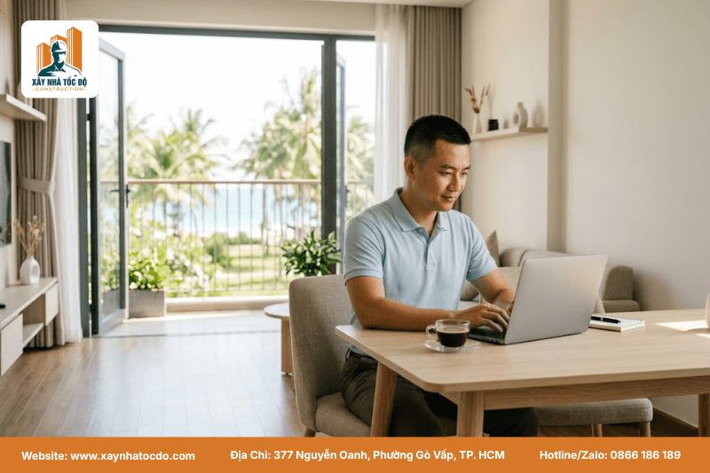 Chuyên gia nước ngoài làm việc tại một căn hộ dịch vụ, minh họa cho nhóm khách hàng tiềm năng khi đầu tư căn hộ dịch vụ Phú Quốc.