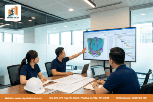 Đội ngũ kỹ sư Xây Nhà Tốc Độ họp trực tuyến, tư vấn giải pháp cho nhà đầu tư căn hộ dịch vụ Phú Quốc.