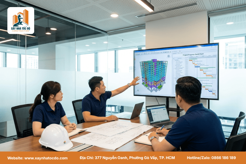 Đội ngũ kỹ sư Xây Nhà Tốc Độ họp trực tuyến, tư vấn giải pháp cho nhà đầu tư căn hộ dịch vụ Phú Quốc.
