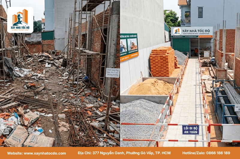 Hiện trường công trình bừa bộn, dấu hiệu của nhà thầu thi công thiếu kinh nghiệm.