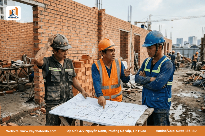 Sơ đồ mô tả rủi ro khi làm việc với đội ngũ thi công outsource thiếu đồng bộ.