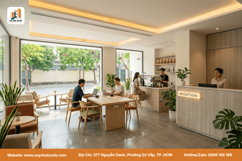 Một không gian sảnh khách sạn được thiết kế linh hoạt thành quán cafe, giải quyết bài toán mùa cao điểm mùa thấp điểm.