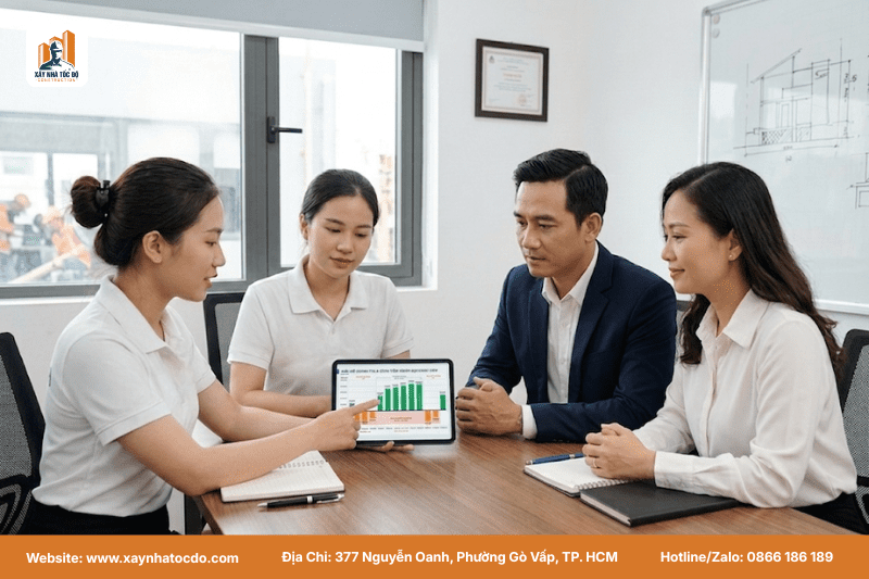 Đội ngũ kỹ sư Xây Nhà Tốc Độ đang tư vấn cho chủ đầu tư giải pháp cho mùa cao điểm mùa thấp điểm.