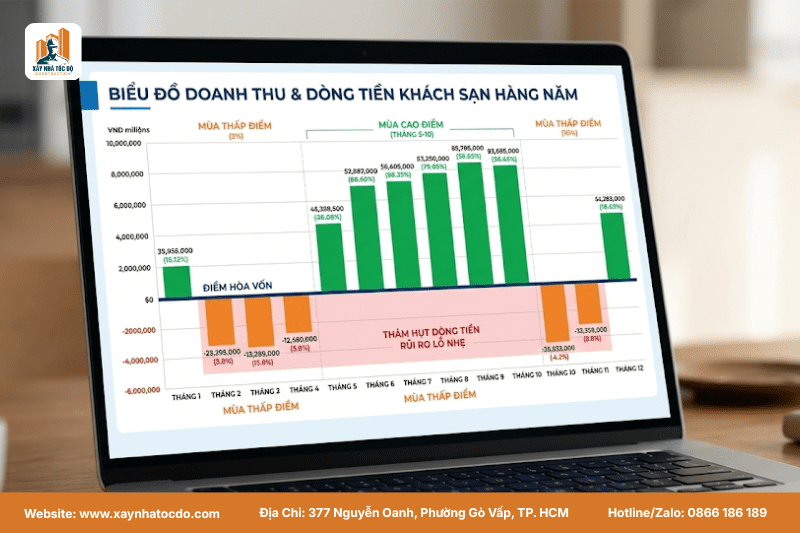 Biểu đồ doanh thu minh họa sự chênh lệch giữa mùa cao điểm mùa thấp điểm trong kinh doanh khách sạn.