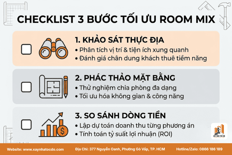 Checklist thực hành 3 bước để tối ưu room mix cho CHDV trước khi xây dựng.