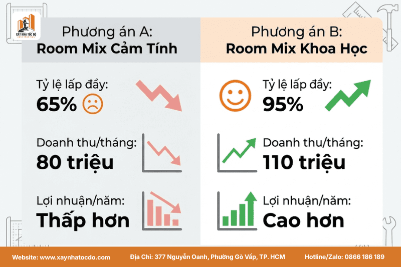 So sánh hiệu quả tài chính của hai phương án room mix cho CHDV, một tốt và một kém.