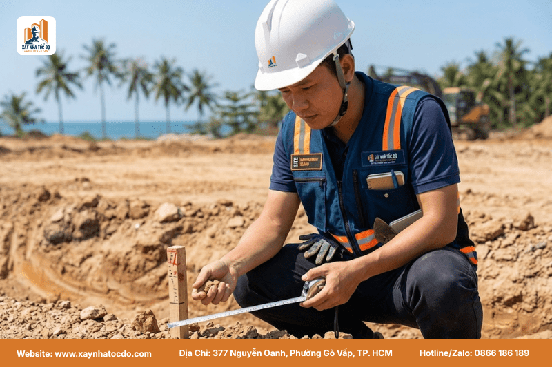 Kỹ sư xây dựng khảo sát hiện trạng và địa chất lô đất trong quy trình phân tích đất Phú Quốc.