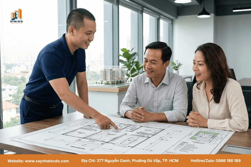 Đội ngũ kỹ sư Xây Nhà Tốc Độ thực hiện phân tích đất Phú Quốc cùng nhà đầu tư trên bản đồ quy hoạch.