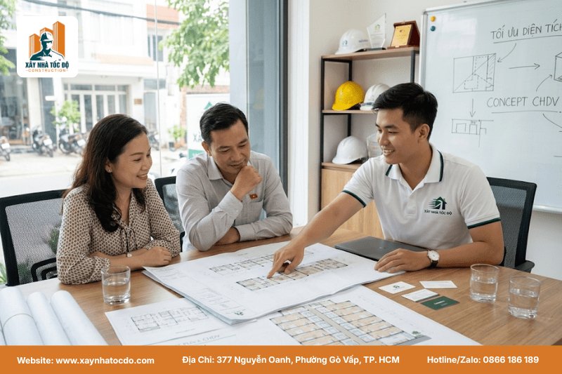Đội ngũ kỹ sư Xây Nhà Tốc Độ đang thảo luận trên bản vẽ thiết kế concept CHDV với chủ đầu tư.