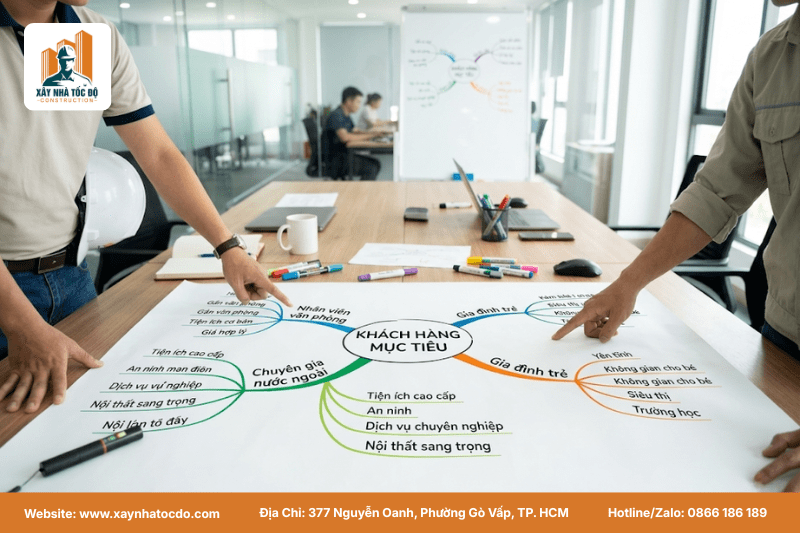 Sơ đồ phân tích khách hàng mục tiêu trong thiết kế concept CHDV, bao gồm nhân khẩu học, nhu cầu và khả năng chi trả.