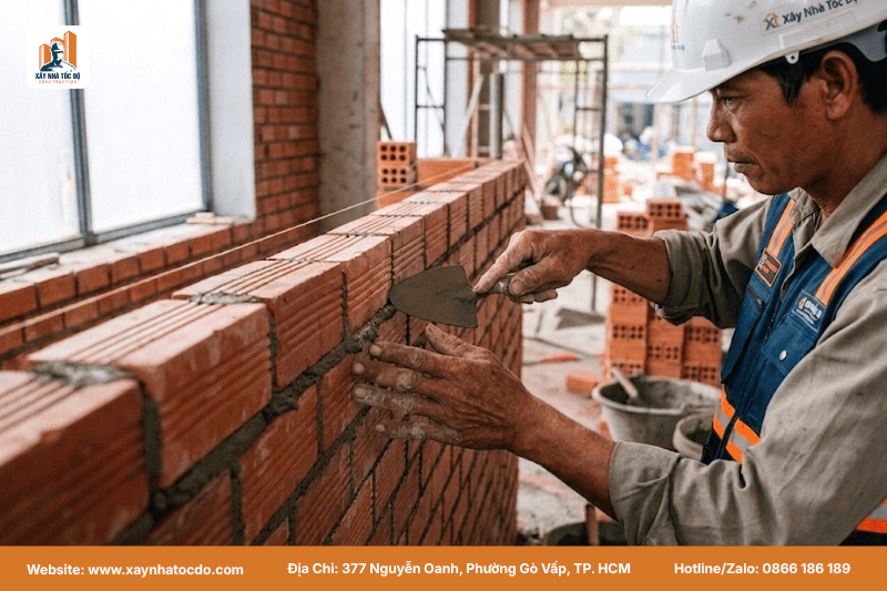 Thợ xây đang hoàn thiện tường bao, một hạng mục của thi công phần thô.