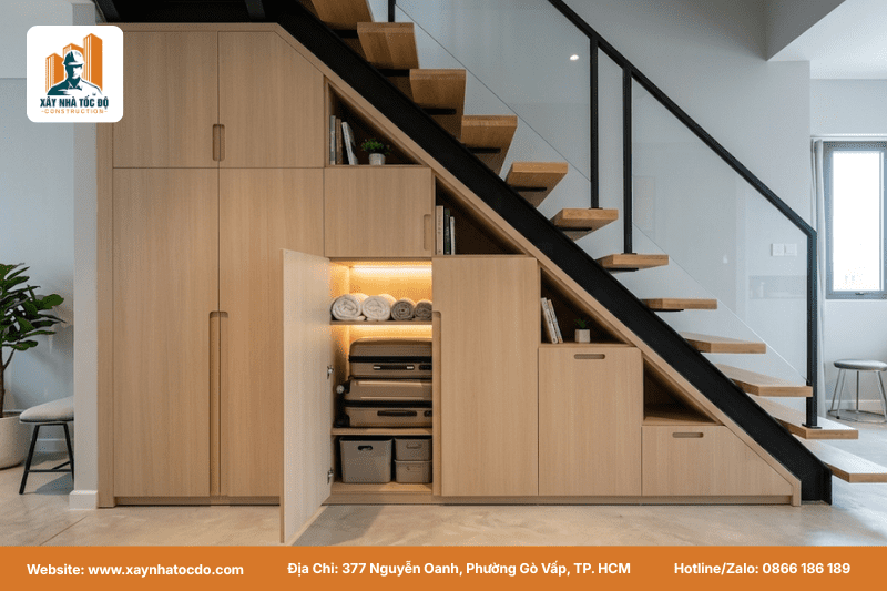 Tối ưu không gian cho thuê bằng cách tận dụng góc chết ở khu vực cầu thang làm tủ, kho.
