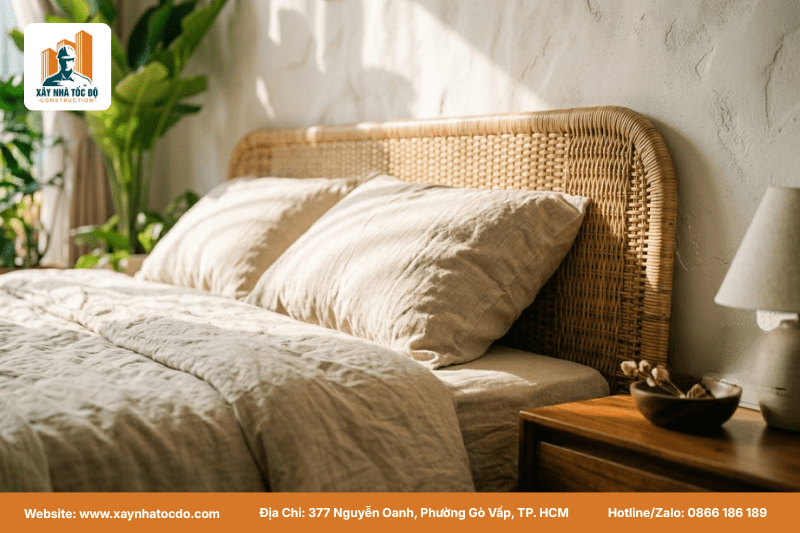 Vật liệu tự nhiên như mây, tre, gỗ trong một phòng ngủ Tropical Style.