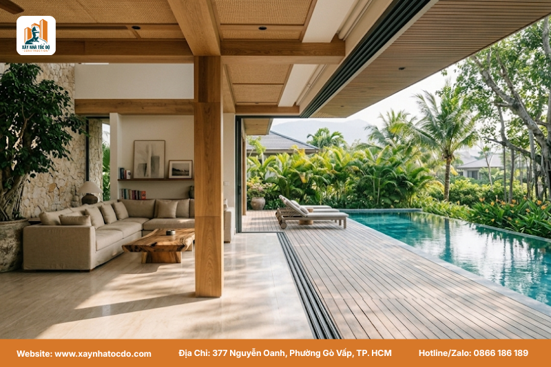 Mẫu thiết kế villa nghỉ dưỡng 2026 phong cách Biophilic, gần gũi thiên nhiên.