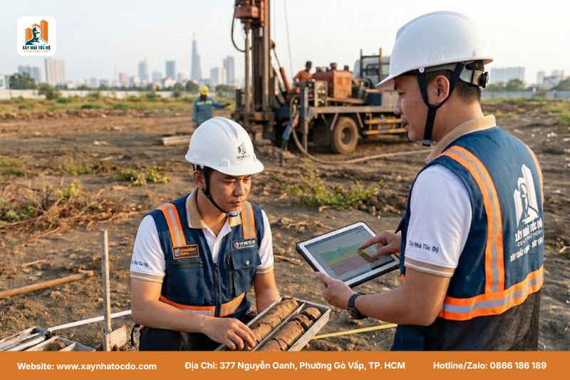 Kỹ sư Xây Nhà Tốc Độ khảo sát địa chất để chọn phương pháp chống đỡ vách hầm phù hợp.