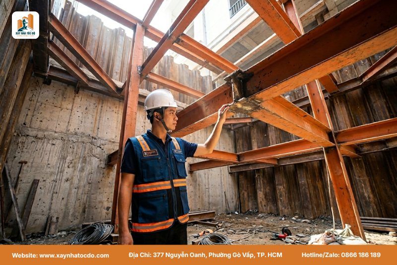 Kỹ sư giám sát phương pháp chống đỡ vách hầm bằng hệ giằng shoring tại công trình của Xây Nhà Tốc Độ.
