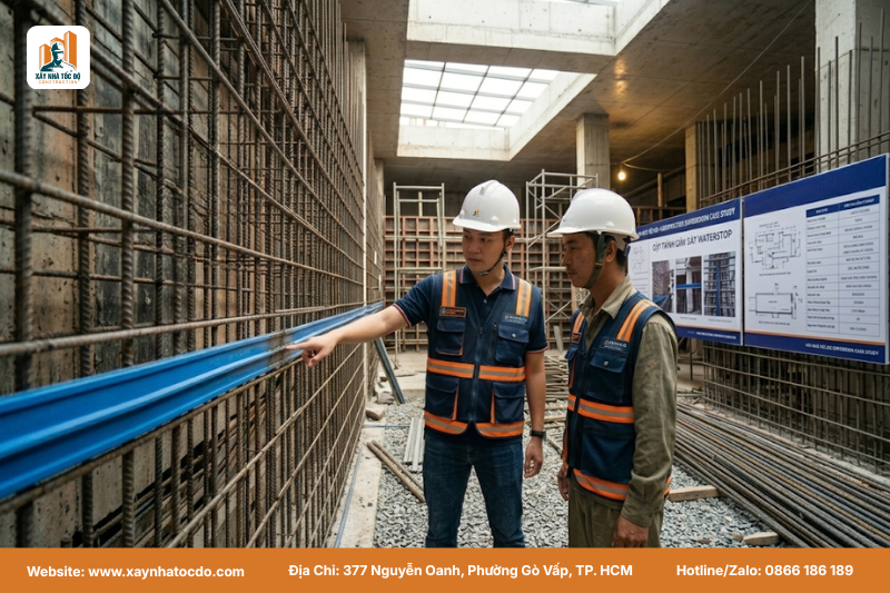 Đội ngũ kỹ sư Xây Nhà Tốc Độ giám sát lắp đặt băng cản nước tầng hầm.