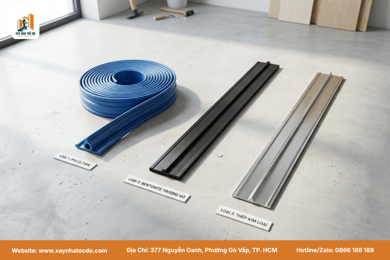 Các loại băng cản nước tầng hầm phổ biến: PVC, trương nở, và kim loại.