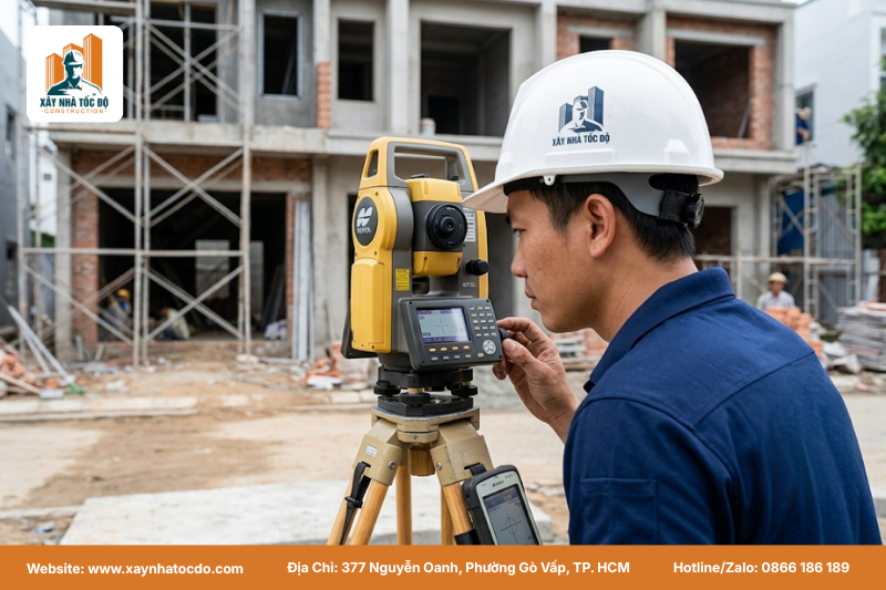 Kỹ sư Xây Nhà Tốc Độ khảo sát nhà bị nghiêng và cách xử lý bằng máy toàn đạc điện tử.