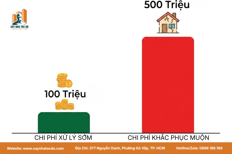 Biểu đồ so sánh chi phí xử lý nhà bị nghiêng và cách xử lý sớm so với muộn.