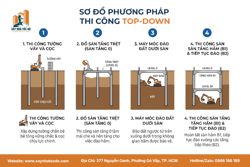  Sơ đồ mô tả biện pháp thi công tầng hầm an toàn Top-down cho khu vực đông dân cư.