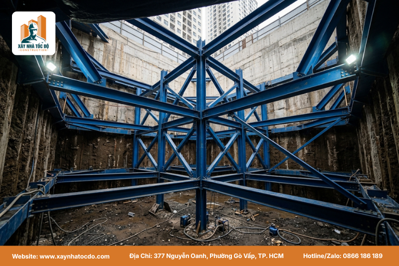 Hệ giằng chống Shoring System được lắp đặt chắc chắn để đảm bảo thi công tầng hầm an toàn.
