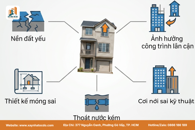 Sơ đồ minh họa các nguyên nhân nhà bị nghiêng và cách xử lý nền móng.