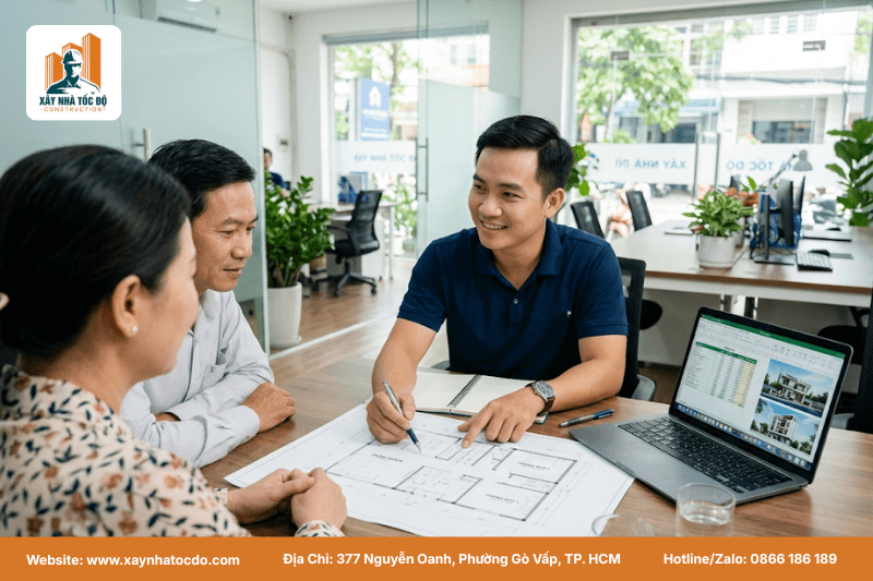 Chuyên gia Xây Nhà Tốc Độ tư vấn xây căn hộ dịch vụ cho khách hàng.