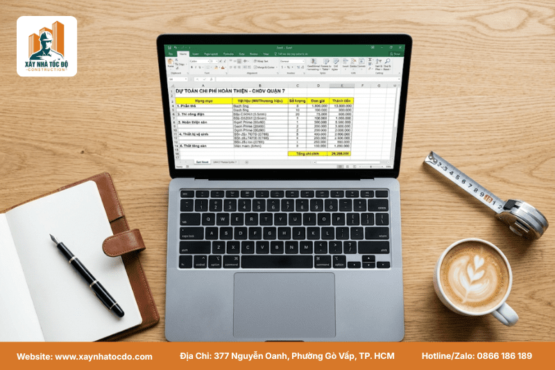 Một bảng tính Excel chi tiết các hạng mục trong chi phí hoàn thiện nhà.