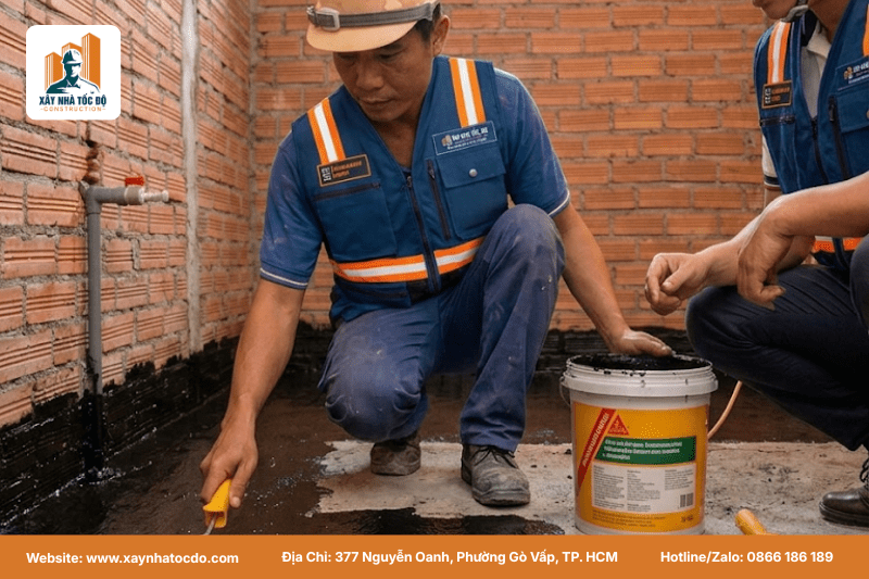 Một kỹ sư đang giám sát công đoạn thi công đúng kỹ thuật chống thấm sàn vệ sinh bằng vật liệu chuyên dụng.